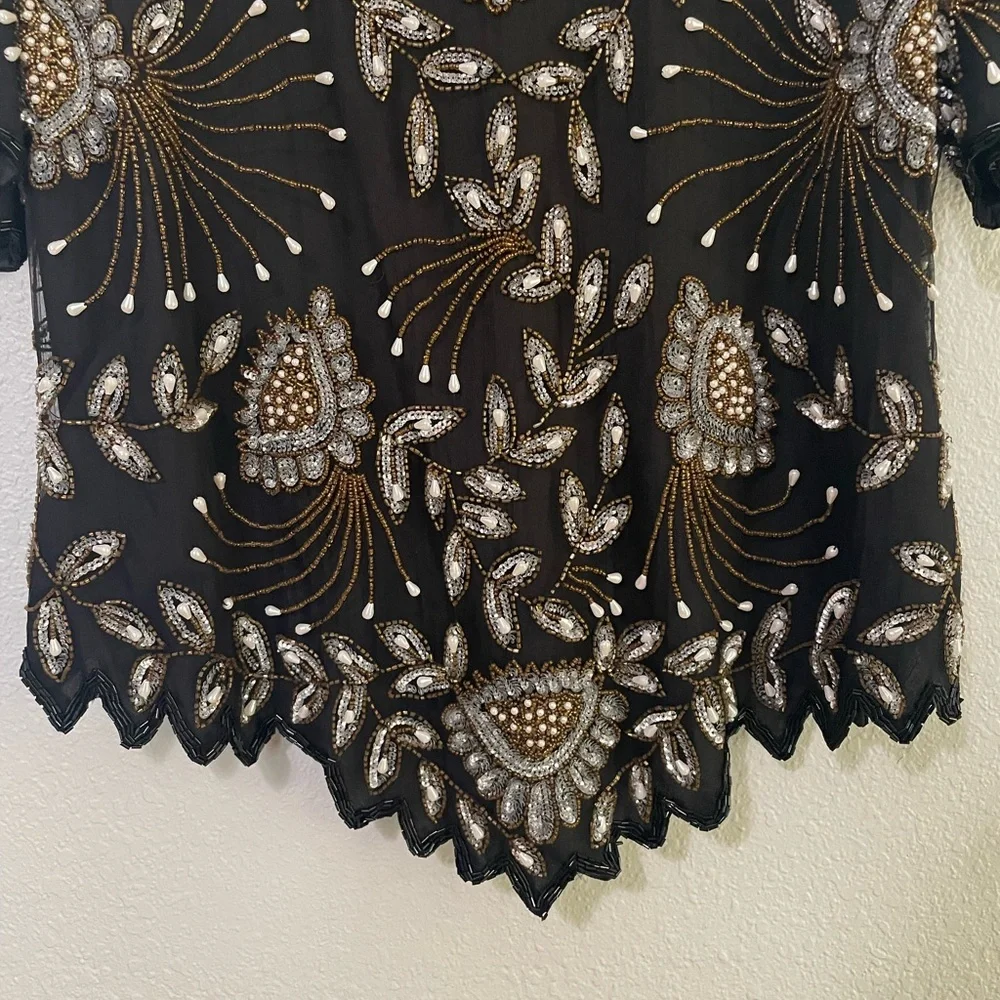 Vintage Plus Size 100% Silk Beaded Blouse - Picture 4 of 13